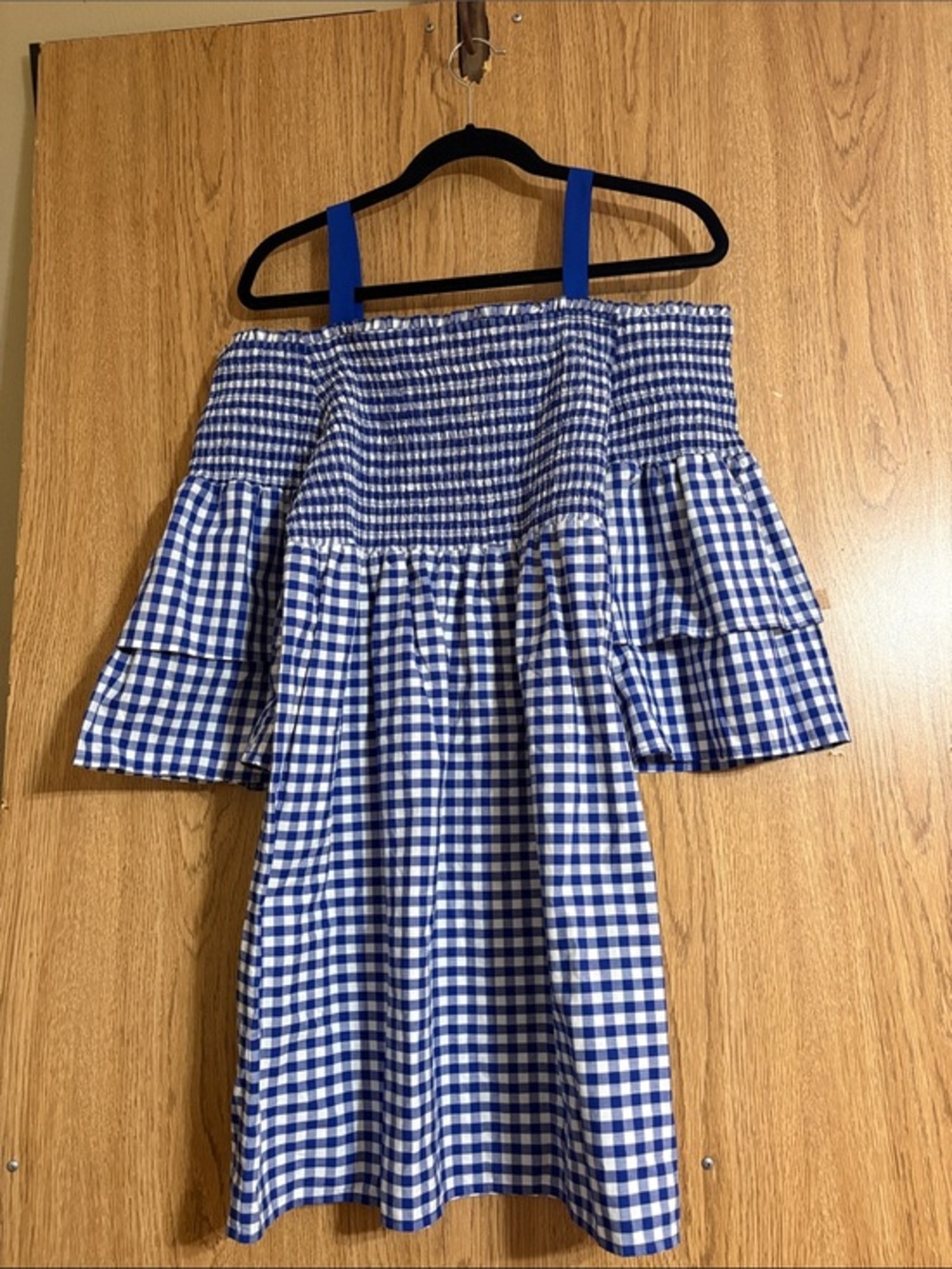 Cupio Blue and White Gingham Off-Shoulder women’s Dress